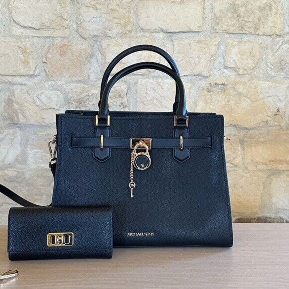 Michael Kors Handbags - MICHAEL KORS Hamilton Medium Satchel Leather Bag Black gold +wallet set NWT
